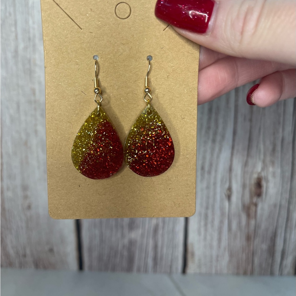 Handmade Red and Gold Glitter Teardrop Resin Earrings